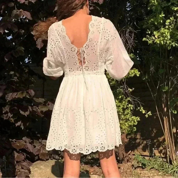 Free People White Lottie Eyelet lace Mini Summer Dress Medium - Picture 7 of 11